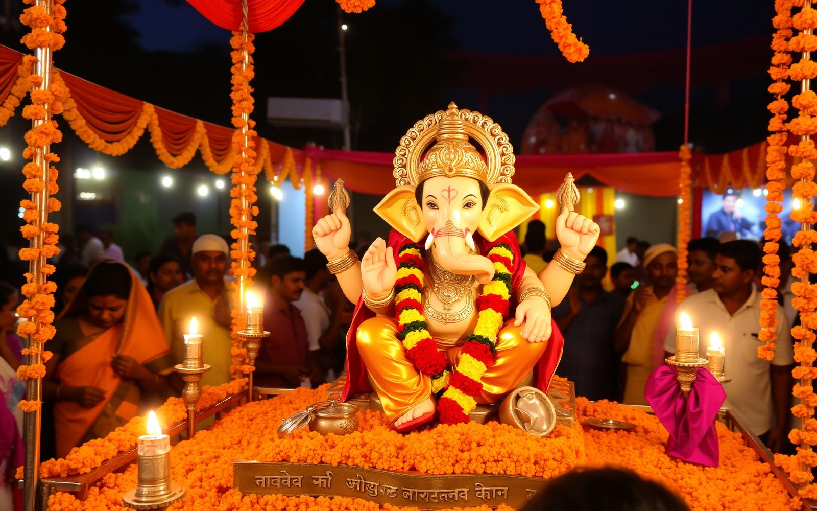 Ganesh idol decorated with marigold flowers at the mandali pandal